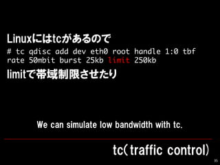 35
# tc qdisc add dev eth0 root handle 1:0 tbf
rate 50mbit burst 25kb limit 250kb
 