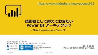 シニア テクニカル アーキテクト
清水 優吾（しみず ゆうご） / 株式会社セカンドファクトリー
@yugoes1021
yugoes1021 Microsoft MVP
for Data Platform - Power BI
(2017.02 -)
技術者として抑えておきたい
Power BI アーキテクチャ
～ Make it possible with Power BI ～
2018-09-08
Power BI 勉強会 第9回 Dev Track
2018/09/08 Power BI 勉強会 1
https://www.slideshare.net/yugoes1021
 
