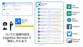 2018/09/08 Power BI 勉強会 43
Microsoft
Flow Text
Analytics
Computer
Vision
ついでに投稿内容を
Cognitive Services で
解析しちゃおう
Microsoft
Flow アプリ
ボタン
Power BI
Service
Blob
Storage
Facebook
Twitter
 