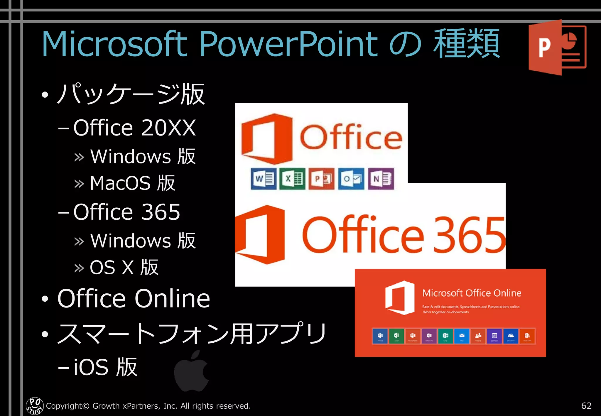 Microsoft PowerPoint の 種類
• パッケージ版
–Office 20XX
» Windows 版
» MacOS 版
–Office 365
» Windows 版
» OS X 版
• Office Online
• スマートフォン用アプリ
–iOS 版
Copyright© Growth xPartners, Inc. All rights reserved. 62
 