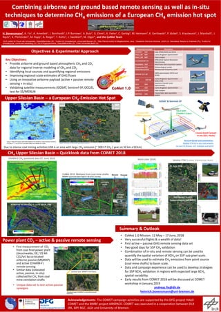 Combining airborne and ground based remote sensing as well as in‐situ 
techniques to determine CH4 emissions of a European CH4 emission hot spot
Upper Silesian Basin – a European CH4‐Emission Hot Spot
Objectives & Experimental Approach
H. Bovensmann2, A. Fix1, A. Amediek1, J. Borchardt2, J.P. Burrows2, A. Butz5, G. Ehret1, A. Fiehn1, C. Gerbig3, M. Heimann3, K. Gerilowski2, P. Jöckel1, S. Krautwurst2, J. Marshall3,  J. 
Nęcki4, K. Pfeilsticker5, M. Rapp1, A. Roiger1, T. Ruhtz7, J. Swolkień4, M. Zöger6, and the CoMet Team
1DLR Institut für Physik der Atmosphäre, Oberpfaffenhofen (D) , 2Institut für Umweltphysik, Universität Bremen (D) , 3Max-Planck-Institut für Biogeochemie, Jena , 4Akademia Górniczo-Hutnicza (AGH) im. Stanisława Staszica w Krakowie (PL), 5Institut für
Umweltphysik, Universität Heidelberg (D), 6DLR Flugexperimente, Oberpfaffenhofen (D), 7Freie Universität Berlin (D)
Acknowledgements: The COMET campaign activities are supported by the DFG project HALO 
COMET and the BMBF project AIRSPACE. COMET was executed in a cooperation between DLR 
IPA, MPI BGC, AGH and University of Bremen. 
Key Objectives:
• Provide airborne and ground based atmospheric CH4 and CO2
data for regional inverse modeling of CH4 and CO2
• Identifying local sources and quantifying regional emissions
• Improving regional‐scale estimates of GHG fluxes
• Using an innovative airborne payload (active + passive remote 
sensing + in‐situ)
• Validating satellite measurements (GOSAT, Sentinel‐5P, OCO2), 
test for S5/MERLIN
Summary & Outlook
• CoMet 1.0 Mission: 12 May – 17 June, 2018
• Very successful flights & a wealth of data!
• First active – passive GHG remote sensing data set
• Two good days for S5P CH4 validation
• Combination of in‐situ and remote sensing can be used to 
quantify the spatial variation of XCH4 on S5P sub‐pixel scale.
• Data will be used to estimate CH4 emissions from point source 
(coal mine shafts) to basin scale.
• Data and campaign experience can be used to develop strategies 
for S5P XCH4 validation in regions with expected large XCH4
spatial variability. 
• Early results from COMET 2018 will be discussed at COMET 
workshop in January 2019
andreas.fix@dlr.de
heinrich.bovensmann@uni‐bremen.de
CH4 Upper Silesian Basin – Quicklook data from COMET 2018
HALO with
CHARM‐F (Lidar)
Power Plants
Coal Mines
Ground based instrumentation:
Mobile FTIR & In‐situ instruments
on vans & drones, incl. Isotopes and wind
Cessna C207 
MAMAP (passive)
Cessna Grand Caravan 
in‐situ (QCL, Flasks) 
GOSAT & Setninel‐5P
Instrument acronym Description Aircraft
CHARM‐F DLR Lidar (IPDA) XCO2 and XCH4 
HALO_JIG MPI Cavity Ringdown Spectrometer
HALO_JAS MPI Flask sampler
miniDOASIUP‐UH
Differential Optical Absorption 
Spectroscopy
BAHAMAS DLR HALO basic data acquisition system
DropsondesDLR Meteorological sondes
FOKALMenlo/DLR Miniaturized Frequency comb
MAMAP IUP‐UB
SWIR spectrometer (XCO2 and 
XCH4)
CRDS               IUP‐UB
Cavity Ringdown Spectrometer
(CO2, CH4)
QCLS DLR
Quantum Cascade Laser 
Spectrometer
DLR‐Cessna
DLR‐Cessna
DLR‐Cessna
DLR‐Cessna
CRDS DLR Cavity Ringdown Spectrometer
SamplerDLR/MPI Flask sampler
METPOD DLR
Cessna basic data acquisition 
system
FU Berlin Cessna 207
HALO
DLR Cessna 208
Due to intense coal mining activities USB is an area with large CH4 emission (~ 500 kT CH4 / year on 50 km x 50 km)
Power plant CO2 – active & passive remote sensing
MAMAP
Airborne in‐situ CH4 6. June 2018, PM
CHARM‐F CH4 quicklook data 07. June 2018
Background: MECO(n) Forecast for 07‐June‐2018 10:00
Wind Lidar (DLR)
01. June 2018
Mobile FTIR (Luther, Kleinschek, Butz)
Van‐based in‐situ 
meaurements (MEMO2)
MAMAP
 