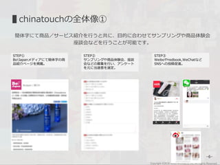 Copyright ©2018 Allied Architects, Inc. All Rights Reserved.
-6-
chinatouchの全体像①
簡体字にて商品／サービス紹介を行うと共に、目的に合わせてサンプリングや商品体験会
座談会などを行うことが可能です。
STEP①
Bo!Japanメディアにて簡体字の商
品紹介ページを掲載。
STEP②
サンプリングや商品体験会、座談
会などの募集を行い、アンケート
を元に当選者を選定。
STEP③
Weiboやredbook,WeChatなど
SNSへの投稿促進。
 