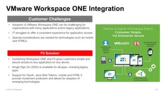 • Combining Workspace ONE and F5 gives customers simple and
secure access to any application on any device.
• Single Sign On (SSO) is available for all apps, including legacy
apps.
• Support for Oauth, Java Web Tokens, mobile and HTML 5
provide investment protection and allows for adoption of
emerging technologies.
• Adoption of VMware Workspace ONE can be challenging for
organizations with many applications and/or legacy applications.
• IT struggles to offer a consistent experience for application access.
• Special considerations are needed for technologies such as mobile
and HTML5.
 