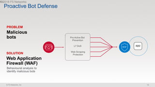 © F5 Networks, Inc 19
Web Scraping
Protection
Pro-Active Bot
Prevention
L7 DoS WAF
Proactive Bot Defense
SOLUTION
PROBLEM
Behavioural analysis to
identify malicious bots
 