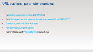 URL positional parameter examples
• /p/adidas-originals-shorts-492376302/
• /p/adidas-performance-essentials-linear-tee-t-shirt-491431832/
• /kindermode/maedchen/jacken/
• /kindermode/jungen/jacken/
• /committobasket/PRODUCTID/something
 