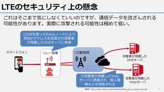 LTEのセキュリティ上の懸念
これはそこまで気にしなくていいのですが、通信データを改ざんされる
可能性があります。実際に攻撃される可能性は極めて低い。
10（参考）https://alter-attack.net/media/breaking_lte_on_layer_two.pdf
攻撃者が⽤意した
DNSサーバ
攻撃者が⽤意した
Webサーバ
LTE基地局
②攻撃者が⽤意したWeb
サーバに誘導され、個⼈情
報などを窃取される
①SDRを使ったRelayノードにより
宛先IPアドレスを改竄され攻撃者
が⽤意したDNSサーバに誘導
リレー装置スマートフォン
 