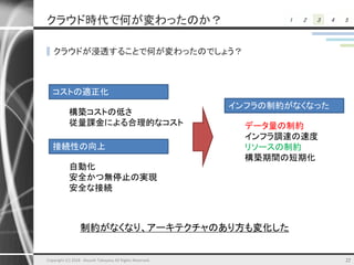 1 2 3 4 5クラウド時代で何が変わったのか？
▌クラウドが浸透することで何が変わったのでしょう？
Copyright (C) 2018 Atsushi Takayasu All Rights Reserved. 22
インフラの制約がなくなった
データ量の制約
インフラ調達の速度
リソースの制約
構築期間の短期化
コストの適正化
構築コストの低さ
従量課金による合理的なコスト
接続性の向上
自動化
安全かつ無停止の実現
安全な接続
制約がなくなり、アーキテクチャのあり方も変化した
 