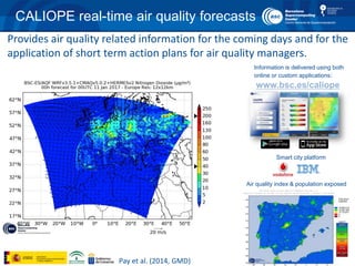 6
Information is delivered using both
online or custom applications:
www.bsc.es/caliope
Provides air quality related information for the coming days and for the
application of short term action plans for air quality managers.
Air quality index & population exposed
Pay et al. (2014, GMD)
CALIOPE real-time air quality forecasts
Smart city platform
 