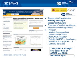 8
SDS-WAS
The system is managed
by a consortium of
AEMET and BSC in
Barcelona, Spain
● Research and development
warning advisory &
assessment system
● Ensemble of models provided by
various international partners
● Provides:
. Model inter-comparison
. Multi-model products
. AERONET evaluation
. Satellite (MODIS, …) evaluation
. Numerical scores (BIAS, …)
. Datasets download
http://sds-was.aemet.es
 