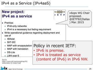 25
IPv4 as a Service (IPv4aaS)
Source
https://www.ietf.org/proceedings/92/
slides/slides-92-v6ops-9.pdf
Policy in recent IETF:
• IPv6 is premise.
• IPv4 is treated as service
(content of IPv6) in IPv6 NW.
v6ops WG Chair
proposed.
@IETF92(Dallas
) Mar. 2015
 