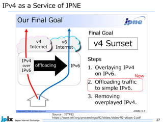 27
IPv4 as a Service of JPNE
240b::17Copyright(C) JPNE, All Rights Reserved. 240b::17
Our Final Goal
v4 Sunsetv6
Internet
v4
Internet
JPNE)
IPv4
over
IPv6
offloading IPv6
Final Goal
Steps
1. Overlaying IPv4
on IPv6.
2. Offloading traffic
to simple IPv6.
3. Removing
overplayed IPv4.
Now
Source : IETF92
https://www.ietf.org/proceedings/92/slides/slides-92-v6ops-2.pdf
 