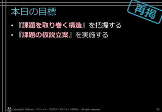 本日の目標
• 『課題を取り巻く構造』を把握する
• 『課題の仮説立案』を実施する
Copyright© POStudy . All rights reserved.～アジャイル・プロダクトマネジメント研究会～ 63
 