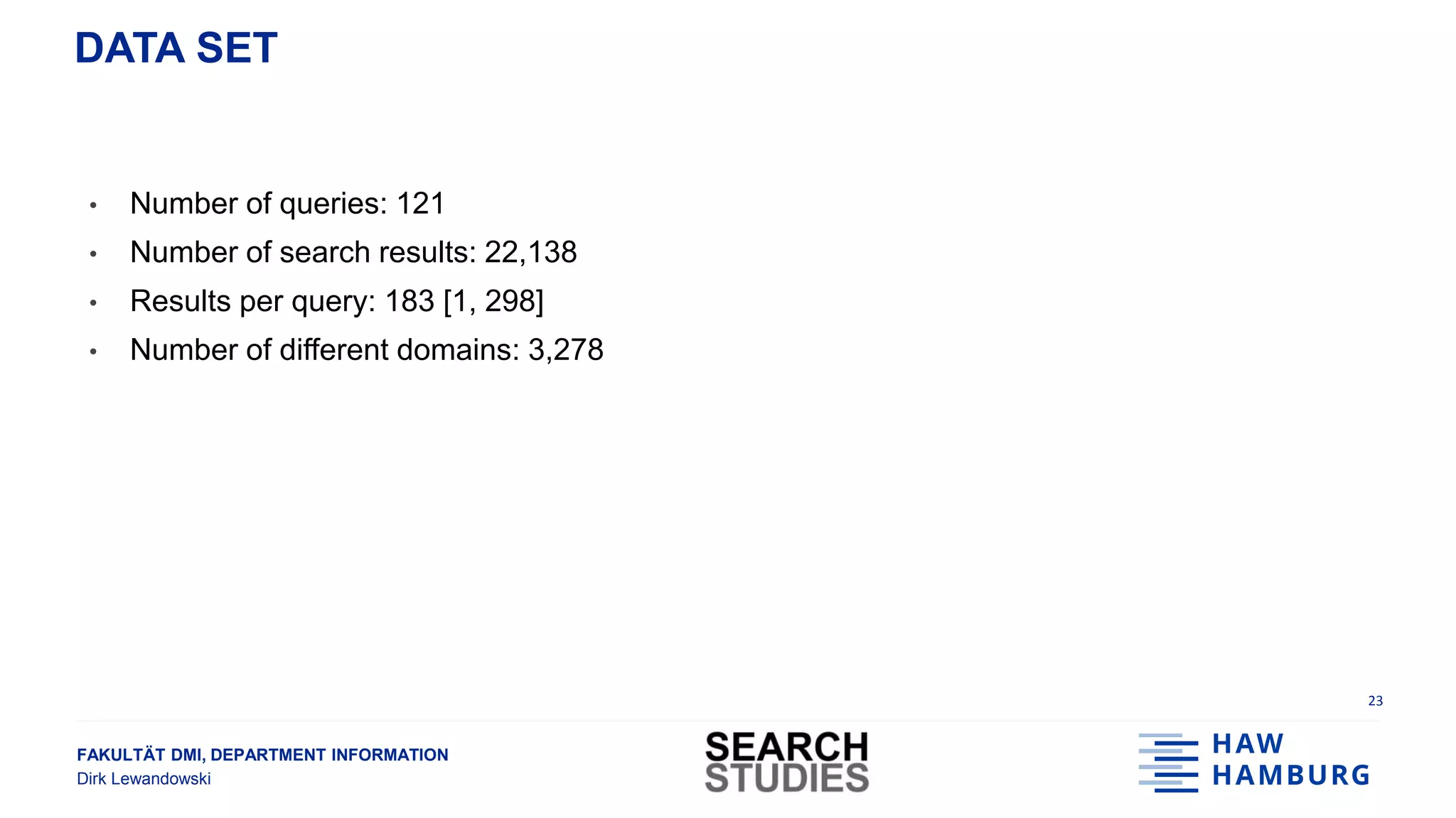 FAKULTÄT DMI, DEPARTMENT INFORMATION
Dirk Lewandowski
DATA SET
• Number of queries: 121
• Number of search results: 22,138
• Results per query: 183 [1, 298]
• Number of different domains: 3,278
23
 