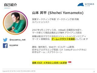 Copyright 2018 FUJITSU CLOUD TECHNOLOGIES LIMITED
自己紹介
山本 昇平 (Shohei Yamamoto)
2
営業マーケティング本部 マーケティング部 所属
エバンジェリスト
2017年1月ニ...