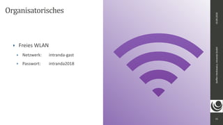 15
Steﬀen	Hankiewicz,	intranda	GmbH19.09.2018
Organisatorisches
‣ Freies	WLAN	
‣ Netzwerk:		 intranda-gast			
‣ Passwort:		 intranda2018			
 