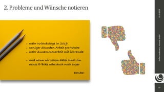 20
Steﬀen	Hankiewicz,	intranda	GmbH19.09.2018
2.	Probleme	und	Wünsche	notieren
- mehr Urlaubstage in 2019
- weniger Stunden Arbeit pro Woche
- mehr Zusammenarbeit mit intranda
- und wenn wir schon dabei sind: ein  
neues E-Bike wäre auch noch super
Danke!
 