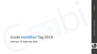 1
Steﬀen	Hankiewicz,	intranda	GmbH19.09.2018
Goobi	workflow	Tag	2018
Gö<ngen,	19.	September	2018
 