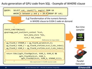 Auto generation of GPU code from SQL - Example of WHERE-clause
DB Tech Showcase 2017 - GPU/SSD Accelerates PostgreSQL -12
QUERY: SELECT cat, count(*), avg(x) FROM t0
WHERE x between y and y + 20.0 GROUP BY cat;
:
STATIC_FUNCTION(bool)
gpupreagg_qual_eval(kern_context *kcxt,
kern_data_store *kds,
size_t kds_index)
{
pg_float8_t KPARAM_1 = pg_float8_param(kcxt,1);
pg_float8_t KVAR_3 = pg_float8_vref(kds,kcxt,2,kds_index);
pg_float8_t KVAR_4 = pg_float8_vref(kds,kcxt,3,kds_index);
return EVAL((pgfn_float8ge(kcxt, KVAR_3, KVAR_4) &&
pgfn_float8le(kcxt, KVAR_3,
pgfn_float8pl(kcxt, KVAR_4, KPARAM_1))));
} :
E.g) Transformation of the numeric-formula
in WHERE-clause to CUDA C code on demand
Reference to input data
SQL expression in CUDA source code
Run-time
compiler
Parallel
Execution
 