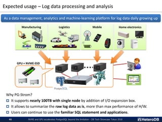 Expected usage – Log data processing and analysis
NVME and GPU accelerates PostgreSQL beyond the limitation - DB Tech Showcase Tokyo 201846
As a data management, analytics and machine-learning platform for log data daily growing up
Manufacturing Logistics Mobile Home electronics
GPU + NVME-SSD
Why PG-Strom?
 It supports nearly 100TB with single node by addition of I/O expansion box.
 It allows to summarize the raw log data as is, more than max performance of H/W.
 Users can continue to use the familiar SQL statement and applications.
 