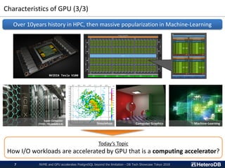 Characteristics of GPU (3/3)
NVME and GPU accelerates PostgreSQL beyond the limitation - DB Tech Showcase Tokyo 20187
Over 10years history in HPC, then massive popularization in Machine-Learning
NVIDIA Tesla V100
Super Computer
(TITEC; TSUBAME3.0) Computer Graphics Machine-Learning
Today’s Topic
How I/O workloads are accelerated by GPU that is a computing accelerator?
Simulation
 