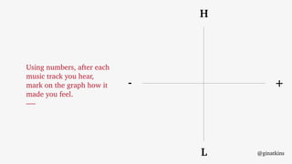 H
L
+-
Using numbers, after each
music track you hear,
mark on the graph how it
made you feel.
@ginatkins
 