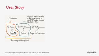 Source: https://jtbd.info/replacing-the-user-story-with-the-job-story-af7cdee10c27 @ginatkins
User Story
 