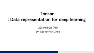 Tomomi Research Inc.
Tensor
: Data representation for deep learning
2018/09/21 (Fri)
Dr. Seong-Hun Choe
 