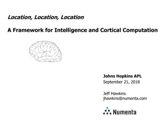 Johns Hopkins APL
September 21, 2018
Jeff Hawkins
jhawkins@numenta.com
Location, Location, Location
A Framework for Intelligence and Cortical Computation
 
