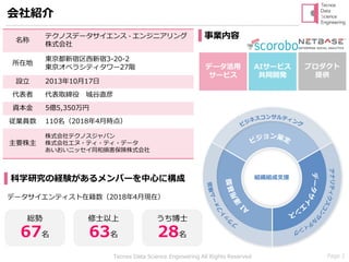 Page 2Tecnos Data Science Engineering All Rights Reserved
会社紹介
名称
テクノスデータサイエンス・エンジニアリング
株式会社
所在地
東京都新宿区西新宿3-20-2
東京オペラシティタワー27階
設立 2013年10月17日
代表者 代表取締役 城谷直彦
資本金 5億5,350万円
従業員数 110名（2018年4月時点）
主要株主
株式会社テクノスジャパン
株式会社エヌ・ティ・ティ・データ
あいおいニッセイ同和損害保険株式会社
データ活用
サービス
AIサービス
共同開発
プロダクト
提供
事業内容
組織組成支援科学研究の経験があるメンバーを中心に構成
データサイエンティスト在籍数（2018年4月現在）
総勢
67名
修士以上
63名
うち博士
28名
 
