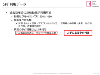 Tecnos Data Science Engineering All Rights Reserved Page 46
分析利用データ
• 過去数年分の点検動画が利用可能
– 動画はフルHDサイズ(1920 x 1080)
– 撮影条件は多様
✓ 背景（木々・民家・アスファルトなど）、送電線との距離・角度、光の当
たり方、送電線の本数
– 異常のタグ情報などは未付与
✓ AI構築のために、タグ付け作業が必要 人手によるタグ付け
 