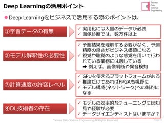 Page 9Tecnos Data Science Engineering All Rights Reserved
⚫Deep Learningをビジネスで活用する際のポイントは、
Deep Learningの活用ポイント
✓ 実用化には大量のデータが必要
✓ 画像診断では、数万件以上
①学習データの有無
②モデル解釈性の必要性
③計算速度の許容レベル
④DL技術者の存在
✓ 予測結果を理解する必要がなく、予測
精度の良さがビジネス価値になる
✓ 視覚や聴覚のような感覚を用いて行わ
れている業務には適している
➡ 例えば、画像判断や異音検知
✓ GPUを使えるプラットフォームがある
✓ 推論だけであればFPGAも視野に
✓ モデル構成(ネットワーク)への制約に
なる
✓ モデルの効率的なチューニングには知
見や経験が必要
✓ データサイエンティストはいますか？
 