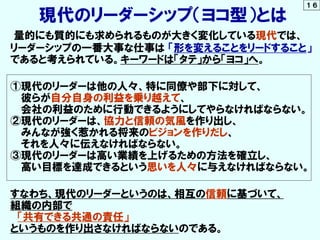 現代のリーダーシップ（ヨコ型）とは
量的にも質的にも求められるものが大きく変化している現代では、
リーダーシップの一番大事な仕事は 「形を変えることをリードすること」
であると考えられている。キーワードは「タテ」から「ヨコ」へ。
①現代のリーダーは他の人々、特に同僚や部下に対して、
彼らが自分自身の利益を乗り越えて、
会社の利益のために行動できるようにしてやらなければならない。
②現代のリーダーは、協力と信頼の気風を作り出し、
みんなが強く惹かれる将来のビジョンを作りだし、
それを人々に伝えなければならない。
③現代のリーダーは高い業績を上げるための方法を確立し、
高い目標を達成できるという思いを人々に与えなければならない。
すなわち、現代のリーダーというのは、相互の信頼に基づいて、
組織の内部で
「共有できる共通の責任」
というものを作り出さなければならないのである。
１６
 