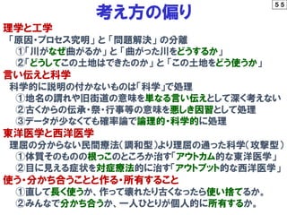 ５５
理学と工学
「原因・プロセス究明」 と 「問題解決」 の分離
①「川がなぜ曲がるか」 と 「曲がった川をどうするか」
②「どうしてこの土地はできたのか」 と 「この土地をどう使うか」
言い伝えと科学
科学的に説明の付かないものは「科学」で処理
①地名の謂れや旧街道の意味を単なる言い伝えとして深く考えない
②古くからの伝承・祭・行事等の意味を悪しき因習として処理
③データが少なくても確率論で論理的・科学的に処理
東洋医学と西洋医学
理屈の分からない民間療法（調和型）より理屈の通った科学（攻撃型）
①体質そのものの根っこのところか治す「アウトカム的な東洋医学」
②目に見える症状を対症療法的に治す「アウトプット的な西洋医学」
使う・分かち合うことと作る・所有すること
①直して長く使うか、作って壊れたり古くなったら使い捨てるか。
②みんなで分かち合うか、一人ひとりが個人的に所有するか。
考え方の偏り
 