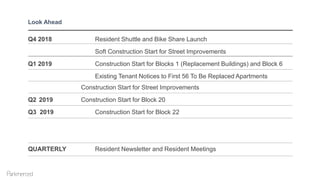 Q4 2018 Resident Shuttle and Bike Share Launch
Soft Construction Start for Street Improvements
Q1 2019 Construction Start ...