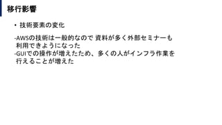 移行影響
• 技術要素の変化
-AWSの技術は一般的なので 資料が多く外部セミナーも
利用できようになった
-GUIでの操作が増えたため、多くの人がインフラ作業を
行えることが増えた
 
