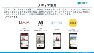 グリーは「インターネットを通じて、世界をより良くする。」というミッションのもと、日々の生
活がより豊かになるような事業を幅広く展開しています。サービスやメディアを通じて人々のコミ
ュニケーションを豊かにし、お客さまの毎日をより良いものにしていきます。
メディア事業
メディア事業
LIMIA
（リミア株式会社）
MINE
（株式会社３ミニッツ）
ARINE aumo
（アウモ株式会社）
 