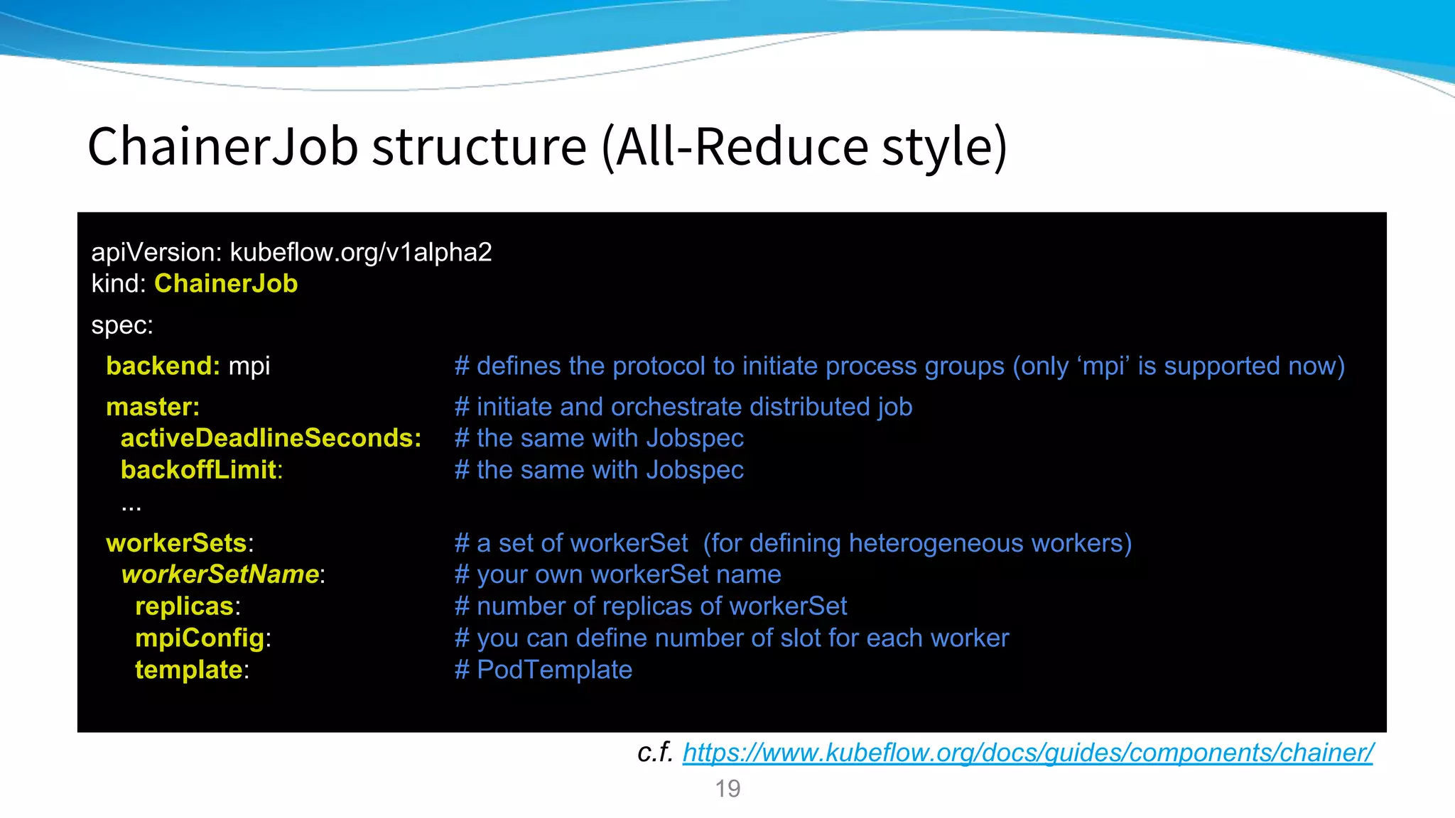 ChainerJob structure (All-Reduce style)
apiVersion: kubeflow.org/v1alpha2
kind: ChainerJob
spec:
backend: mpi # defines the protocol to initiate process groups (only ‘mpi’ is supported now)
master: # initiate and orchestrate distributed job
activeDeadlineSeconds: # the same with Jobspec
backoffLimit: # the same with Jobspec
...
workerSets: # a set of workerSet (for defining heterogeneous workers)
workerSetName: # your own workerSet name
replicas: # number of replicas of workerSet
mpiConfig: # you can define number of slot for each worker
template: # PodTemplate
c.f. https://www.kubeflow.org/docs/guides/components/chainer/
19
 