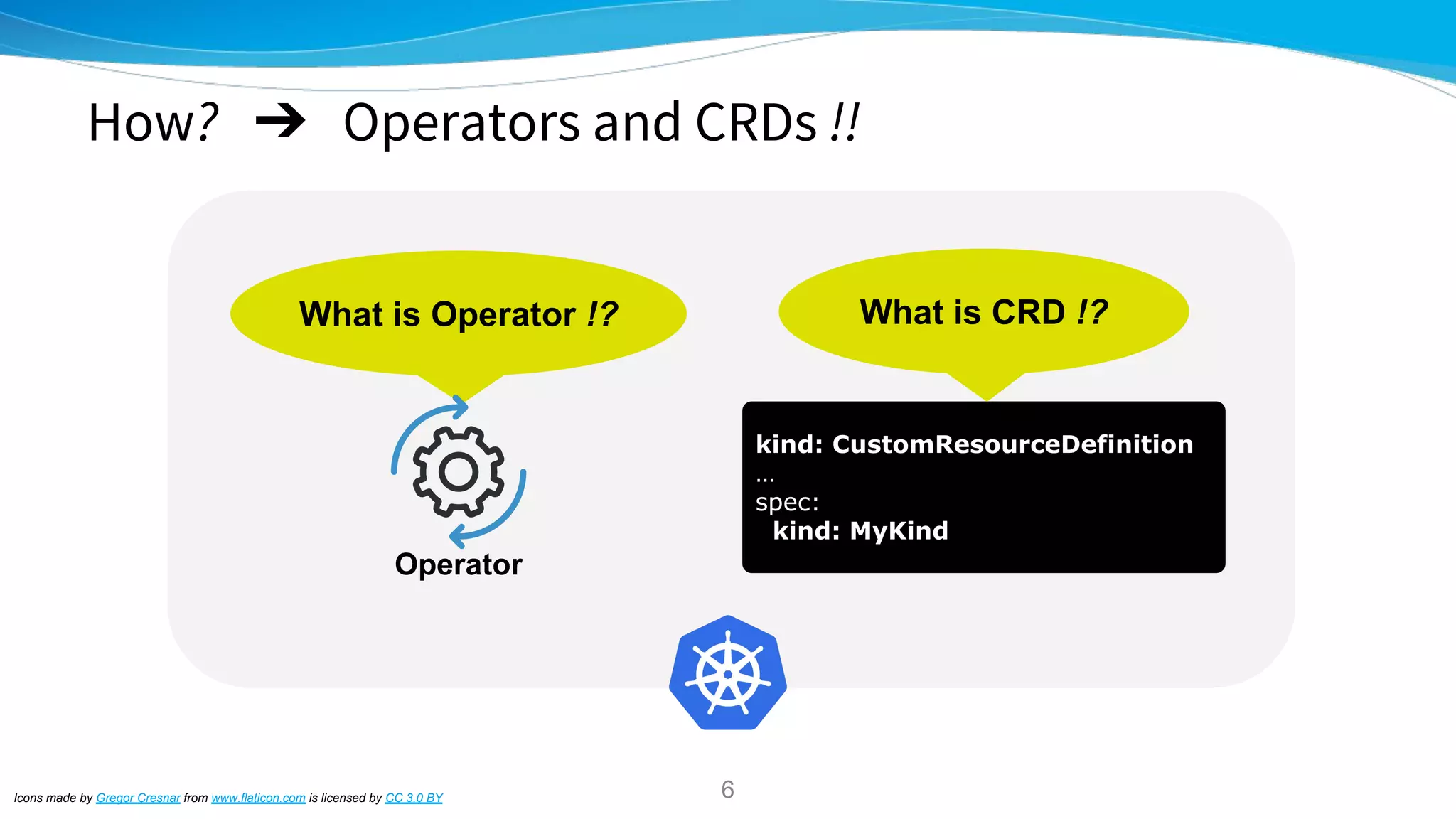 How? ➔ Operators and CRDs !!
Icons made by Gregor Cresnar from www.flaticon.com is licensed by CC 3.0 BY
kind: CustomResourceDefinition
…
spec:
kind: MyKind
What is CRD !?
6
Operator
What is Operator !?
 