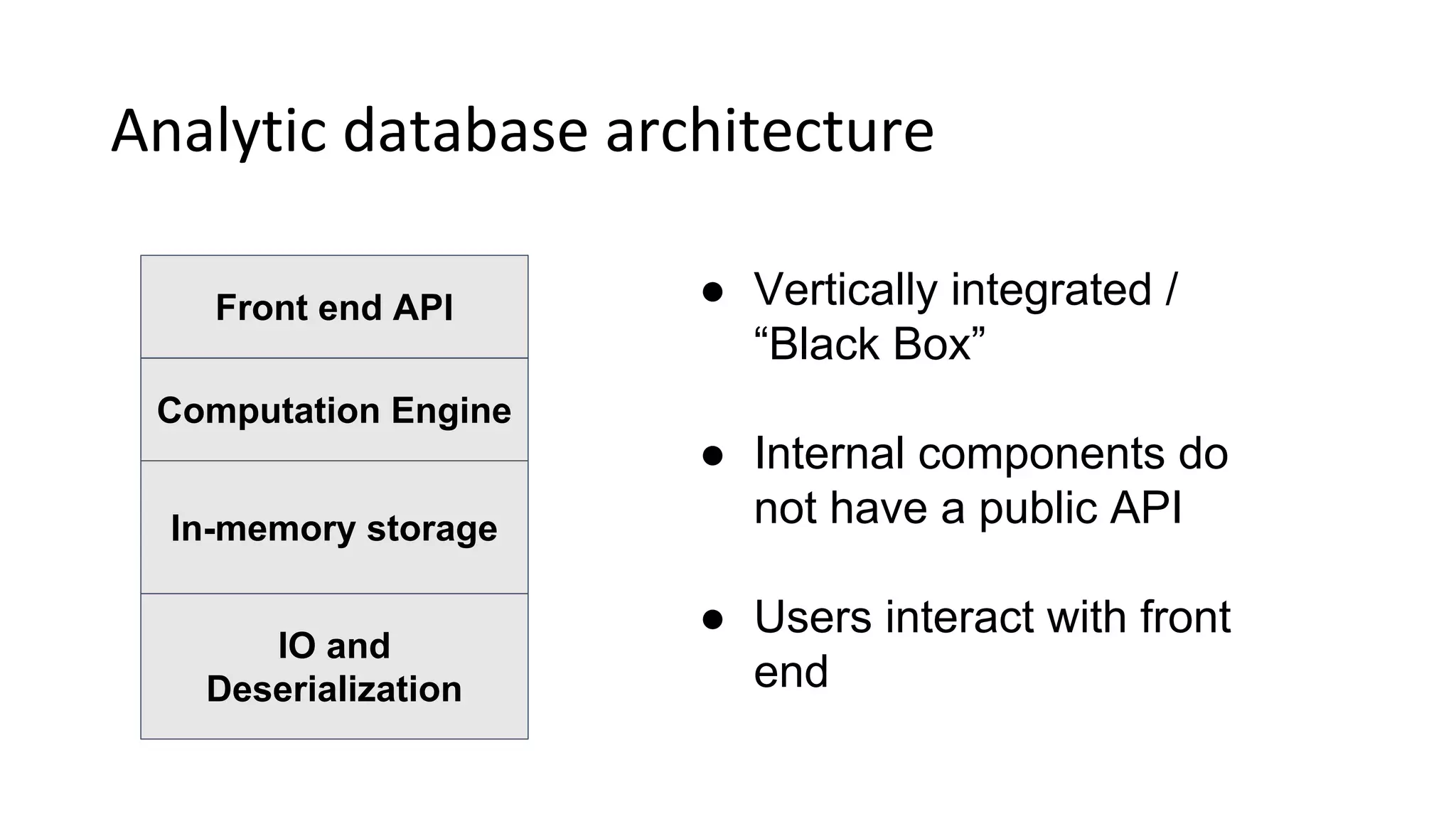 Analytic database architecture
Front end API
Computation Engine
In-memory storage
IO and
Deserialization
● Vertically integrated /
“Black Box”
● Internal components do
not have a public API
● Users interact with front
end
 