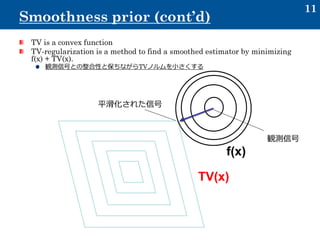 11
Smoothness prior (cont’d)
TV is a convex function
TV-regularization is a method to find a smoothed estimator by minimizing
f(x) + TV(x).
観測信号との整合性と保ちながらTVノルムを小さくする
f(x)
TV(x)
観測信号
平滑化された信号
 