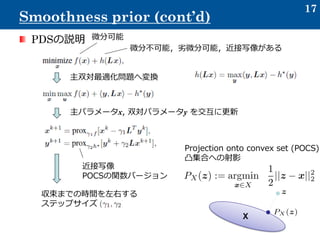 PDSの説明
17
Smoothness prior (cont’d)
微分可能
微分不可能，劣微分可能，近接写像がある
主双対最適化問題へ変換
主パラメータx, 双対パラメータy を交互に更新
近接写像
POCSの関数バージョン
X
Projection onto convex set (POCS)
凸集合への射影
収束までの時間を左右する
ステップサイズ
 