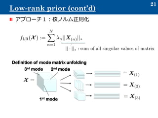 アプローチ１：核ノルム正則化
21
Low-rank prior (cont’d)
1st mode
2nd mode3rd mode
Definition of mode matrix unfolding
 