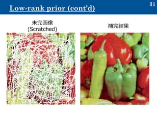 31
Low-rank prior (cont’d)
補完結果
未完画像
(Scratched)
 