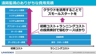 16 ©2018 UNIADEX, Ltd. All rights reserved.
遠隔監視のありがちな費用見積
データセンター費用
ネットワーク費用
サーバー費用
アプリケーション費用
システム設計費用
システム開発費用
ドキュメント費用
保守・サポート費用
回線費用
初期コスト ランニングコスト
初期コスト＋ランニングコスト
の投資検討で悩むケースばかり
クラウドを活用することで
スモールスタートを
 