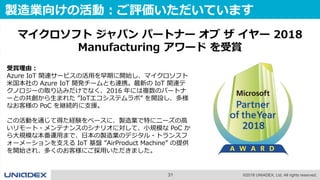 31 ©2018 UNIADEX, Ltd. All rights reserved.
製造業向けの活動：ご評価いただいています
受賞理由：
Azure IoT 関連サービスの活用を早期に開始し、マイクロソフト
米国本社の Azure IoT 開発チームとも連携。最新の IoT 関連テ
クノロジーの取り込みだけでなく、2016 年には複数のパートナ
ーとの共創から生まれた ”IoTエコシステムラボ” を開設し、多様
なお客様の PoC を継続的に支援。
この活動を通じて得た経験をベースに、製造業で特にニーズの高
いリモート・メンテナンスのシナリオに対して、小規模な PoC か
ら大規模な本番運用まで、日本の製造業のデジタル・トランスフ
ォーメーションを支える IoT 基盤 ”AirProduct Machine” の提供
を開始され、多くのお客様にご採用いただきました。
マイクロソフト ジャパン パートナー オブ ザ イヤー 2018
Manufacturing アワード を受賞
 