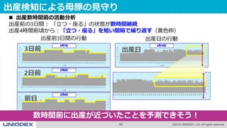 40 ©2018 UNIADEX, Ltd. All rights reserved.
出産検知による母豚の見守り
出産前3日間の行動
 出産数時間前の活動分析
出産前の3日間： 「立つ・座る」の状態が数時間継続
前日
2日前
3日前
数時間前に出産が近づいたことを予測できそう！
出産日の行動
出産日
出産4時間前頃から：「立つ・座る」を短い間隔で繰り返す（黄色枠）
 