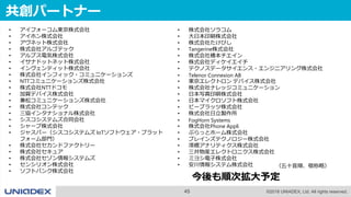 45 ©2018 UNIADEX, Ltd. All rights reserved.
共創パートナー
• アイフォーコム東京株式会社
• アイホン株式会社
• アヴネット株式会社
• 株式会社アルゴテック
• アルプス電気株式会社
• イサナドットネット株式会社
• インヴェンティット株式会社
• 株式会社インフィック・コミュニケーションズ
• NTTコミュニケーションズ株式会社
• 株式会社NTTドコモ
• 加賀デバイス株式会社
• 兼松コミュニケーションズ株式会社
• 株式会社コンテック
• 三協インタナショナル株式会社
• シスコシステムズ合同会社
• シャープ株式会社
• ジャスパー（シスコシステムズ IoTソフトウェア・プラット
フォーム部門）
• 株式会社セカンドファクトリー
• 株式会社セキュア
• 株式会社セゾン情報システムズ
• センシリオン株式会社
• ソフトバンク株式会社
• 株式会社ソラコム
• 大日本印刷株式会社
• 株式会社たけびし
• Tangerine株式会社
• 株式会社椿本チエイン
• 株式会社ディケイエイチ
• テクノスデータサイエンス・エンジニアリング株式会社
• Telenor Connexion AB
• 東京エレクトロン デバイス株式会社
• 株式会社ナレッジコミュニケーション
• 日本写真印刷株式会社
• 日本マイクロソフト株式会社
• ビープラッツ株式会社
• 株式会社日立製作所
• FogHorn Systems
• 株式会社Phone Appli
• ぷらっとホーム株式会社
• ブレインズテクノロジー株式会社
• 澪標アナリティクス株式会社
• 三井物産エレクトロニクス株式会社
• ミヨシ電子株式会社
• 安川情報システム株式会社 （五十音順、敬称略）
今後も順次拡大予定
 