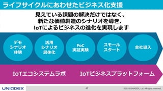 47 ©2018 UNIADEX, Ltd. All rights reserved.
ライフサイクルにあわせたビジネス化支援
見えている課題の解決だけではなく、
新たな価値創造のシナリオを導き、
IoTによるビジネスの進化を実現します
デモ
シナリオ
体験
活用
シナリオ
具体化
PoC
実証実験
スモール
スタート
全社導入
IoTエコシステムラボ IoTビジネスプラットフォーム
 