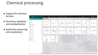 Chemical processing
● Support for chemical
formats
● Chemistry validation
and standardization
● Automatic processing
and visualization
 
