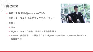 自己紹介
- 名前 : 大西 真央(@mmmmao0530)
- 役割 : チーフエンジニアリングマネージャー
- 社歴 :
- Sier
- Biglobe : スクラム推進、ドメイン駆動設計導入
- Sansan : 東京勤務 → 大阪拠点立ち上げ(チームリーダー) → Sansanプロダクト
の組織作り
 